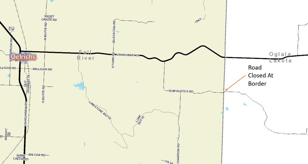 Map of Road Closure location on Slim Buttes Road. 